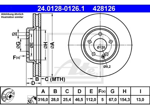ATE TARCZA HAM 24.0128-0126.1 MERCEDES C-KLASA W202 C36 AMG 94-00, E-KLASA W210 E420 96-97  24.0128-0126.1