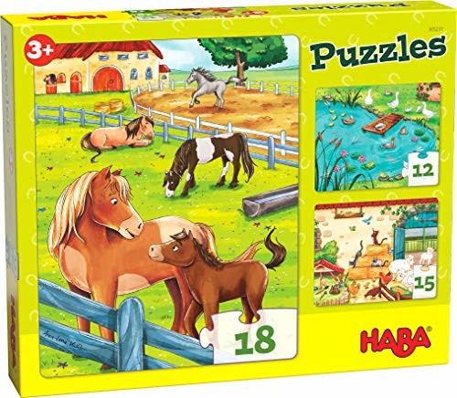 Haba 305237 puzzle gospodarstwo rolne, 3 puzzle z 12, 15 i 18 częściami i różnymi motywami zwierzęcymi, puzzle od 3 lat 305237