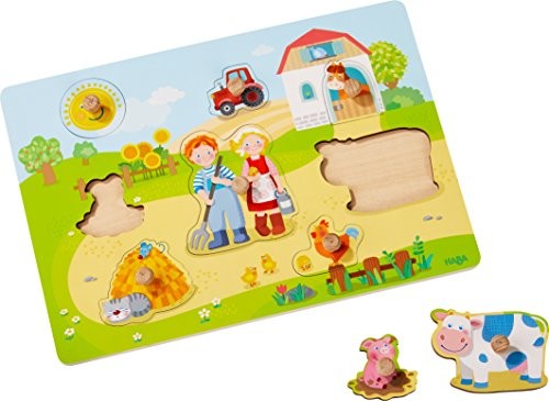 Haba 303769 greif puzzle w gospodarstwie | drewnianych zabawek dzieci w wieku powyżej 12 miesięcy | 8-częściowy puzzle z drewna z motywem z kolorowym Bauernhof | puzzle części z dużymi przyciskami do