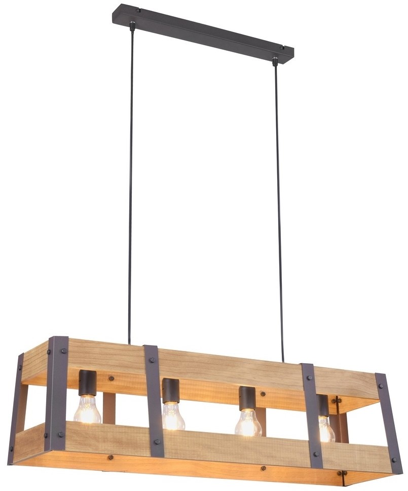 Paul Neuhaus Przemysłowa lampa wisząca czarna z drewnem 4-punktowa - Crate