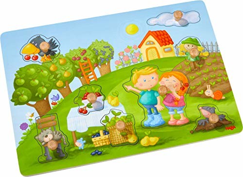 Haba 304430 puzzle wtykowe z motywami ogrodu owocowego, 8-częściowe drewniane puzzle z naturalnymi motywami i dużymi, poręcznymi drewnianymi uchwytami, drewniana zabawka dla dzieci od 12 miesięcy
