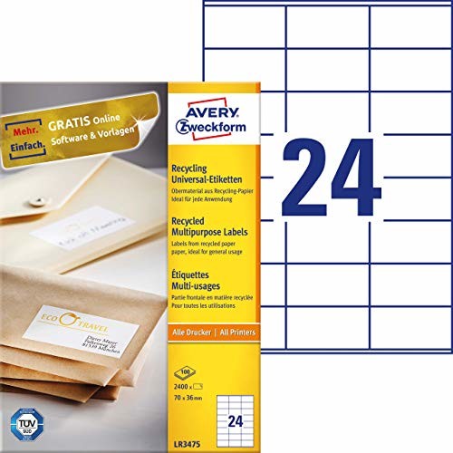 Avery Zweckform Zweckform LR3475 etykiety z recyklingu (2400 naklejek adresowych, 70 x 36 mm na A4, 100% papier z recyklingu, etykiety adresowe, samoprzylepne etykiety samoprzylepne) 100 arkuszy, naturalna biel LR3475