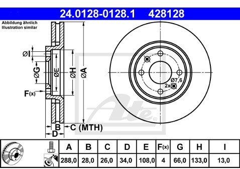 ATE TARCZA HAM 24.0128-0128.1 CITROEN C5 2.2HDI, 3.0 V6 01-04, 2.0HDI 04-, XANTIA 3.0I 24V 97-98  24.0128-0128.1