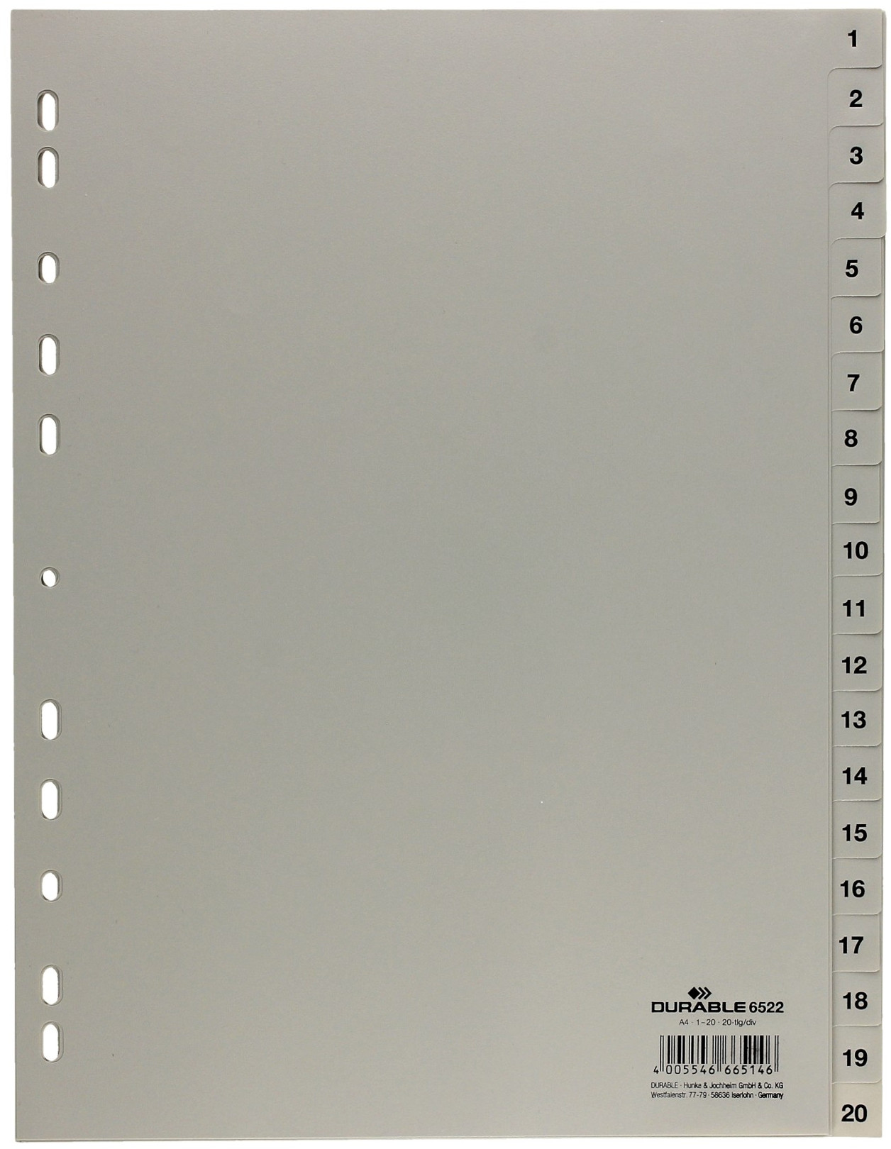DURABLE Przekładki PP A4 1-20 szare 6522