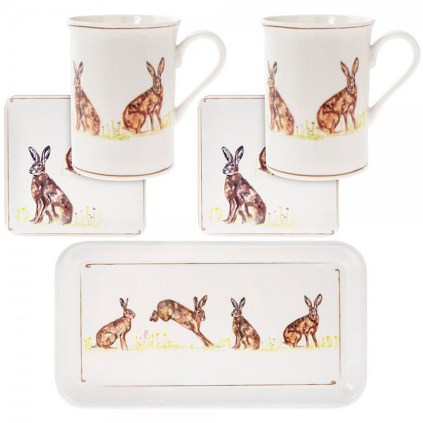 Leonardo Lesser & Pavey Collection KOMPLET: 2 PORCELANOWE KUBKI + 2 PODKŁADKI + TACKA Zające - Country Life LP93621