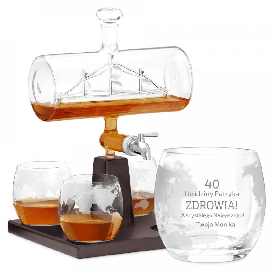 Murrano Zestaw do whisky karafka statek szklanki x4 grawer dla niego na 40 SHIP4S-001