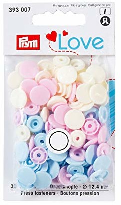 Prym 393007 napy kolorowe, motyw: Love, średnica: 12,4 mm, kolor: jasnoniebieski , różowy i perłowy, 30 sztuk