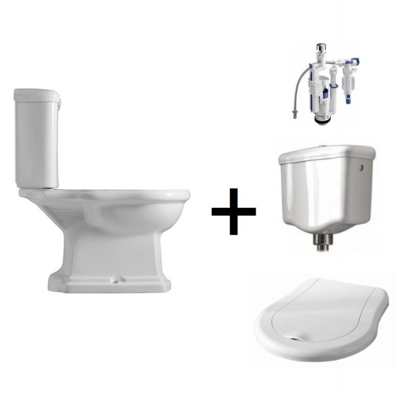Kerasan Retro Zestaw Toaleta WC kompaktowa 72x38,5 cm + deska wolnoopadająca + spłuczka + mechanizm spłukujący biały/chrom 101301+108901+1081+750990