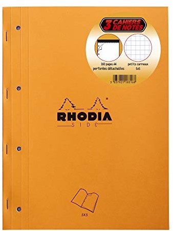 Rhodia 118316C 3 bloki z boku, zszywane z 80 kartkami do zdejmowania i perforowania, 4 otwory, 22,3 x 29,7 cm, 80 g, w kratkę, kolor pomarańczowy 118316C