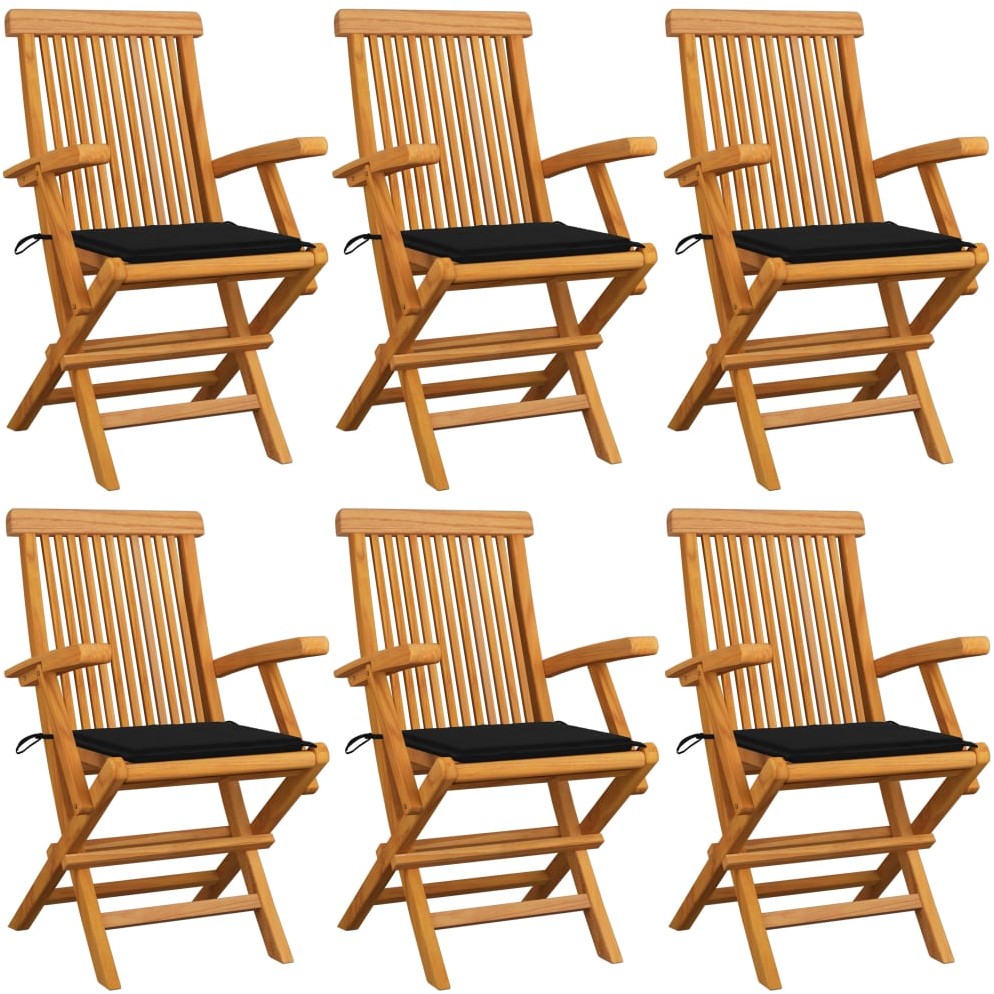 vidaXL Krzesła ogrodowe, czarne poduszki, 6 szt., drewno tekowe