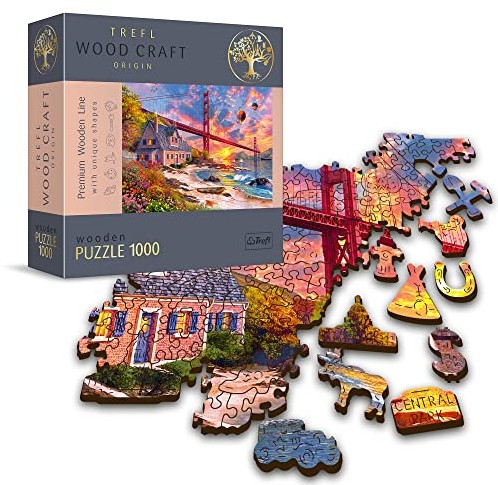 Trefl Puzzle Zachód słońca nad Golden Gate 1000 Elementów, Wood Craft, Nieregularne Kształty, 100 Figurek Amerykańskich Zabytków i Symboli, Układanka Premium, DIY, dla Dorosłych i Dzieci od 12 Lat 20164