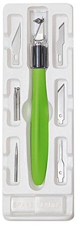 WEDO Cutter Comfortline 78 72199 zestaw: nóż dla majsterkowiczów, z miękkim uchwytem z 5 głowniami do precyzyjnego cięcia, 1 szydło i 2 sztyfty do wytłaczania wzorów, kapturek ochronny  jabłkowo zielo