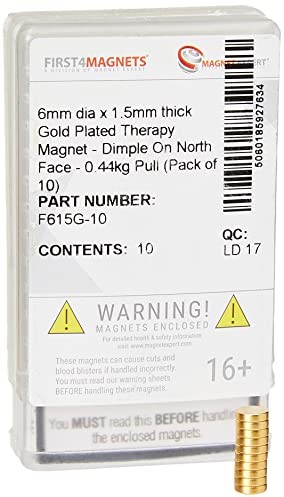 first4magnets First4magnets F615G-10 6 mm średnicy x 1,5 mm gruby, powlekany złotem magnes terapeutyczny, pogłębienie na powierzchni północnej, siła przyciągania 0,44 kg (1 szt.) F615G-10