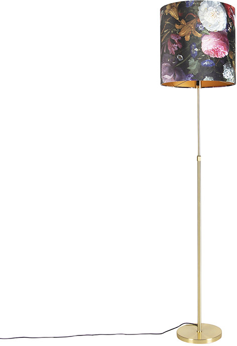 QAZQA Lampa podłogowa regulowana złota/mosiądz klosz welurowy kwiaty 40cm - Parte