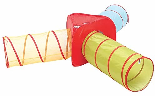 LUDI Ludi z możliwością łączenia tuneli do zabawy, lekki i składany tunel, zestaw 3 tuneli, otwór Pop-up, do użytku wewnątrz i na zewnątrz, torba do przenoszenia, od 2 lat 90108