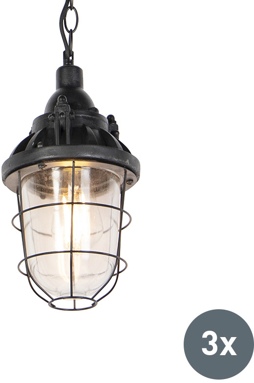 QAZQA Zestaw 3 industrialnych lamp wiszących czarny - Cabin