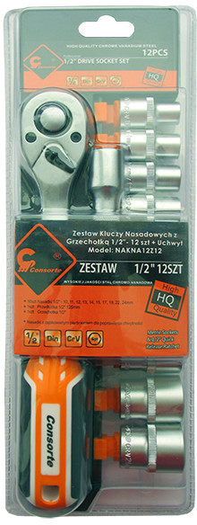Consorte ZESTAW KLUCZY NASADKOWYCH 1/2'' z GRZECHOTKĄ - 12 ELEMENTÓW - 10-24 mm.