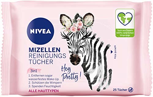 Nivea 3 w 1 Hey Pretty! Micelarne chusteczki do czyszczenia (25 sztuk), delikatne chusteczki do oczyszczania twarzy z witaminą E, chusteczki do demakijażu i wodoodporny tusz do rzęs