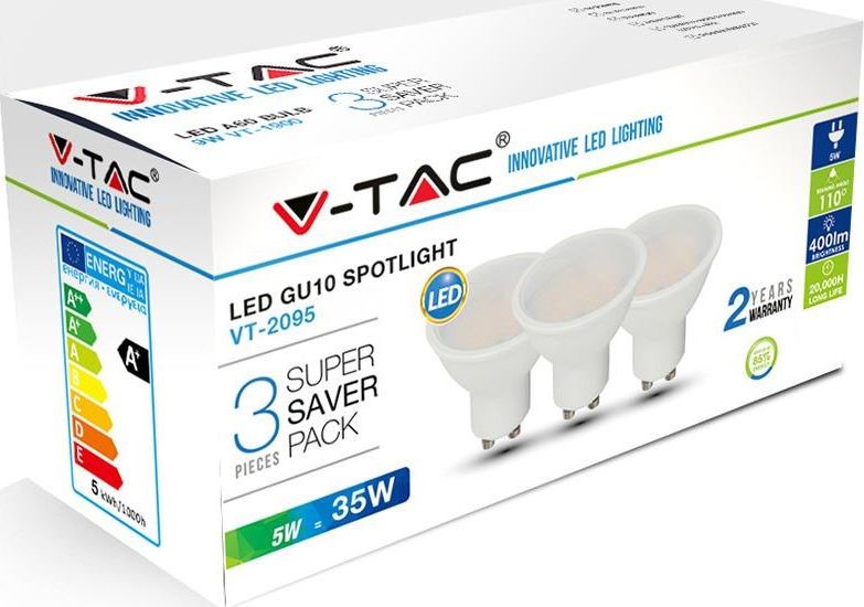 V-TAC Żarówka punktowa x 3 zestaw LED VT-2095 GU10 50x57mm 5Wat 6400K 400lm IP20