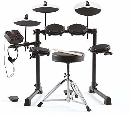 Alesis Debut Kit zestaw perkusyjny dla dzieci z 4 podkładkami z siatki, 120 dźwięków, 60 lekcji, taboretem, pałeczkami perkusyjnymi, kluczami do strojenia i słuchawkami Debut Kit