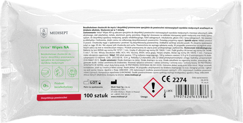 MediSept Velox Wipes chusteczki do dezynfekcji bez alkoholu wkład 100 szt