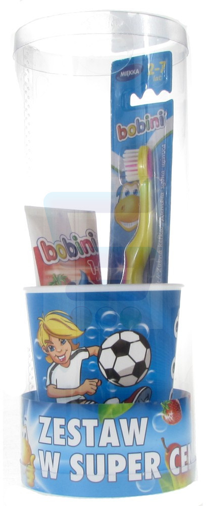 Bobini Zestaw Pasta do zębów 1-6 lat 75 ml + Szczoteczka do zębów miękka 2-7 lat + kubeczek 3 el.