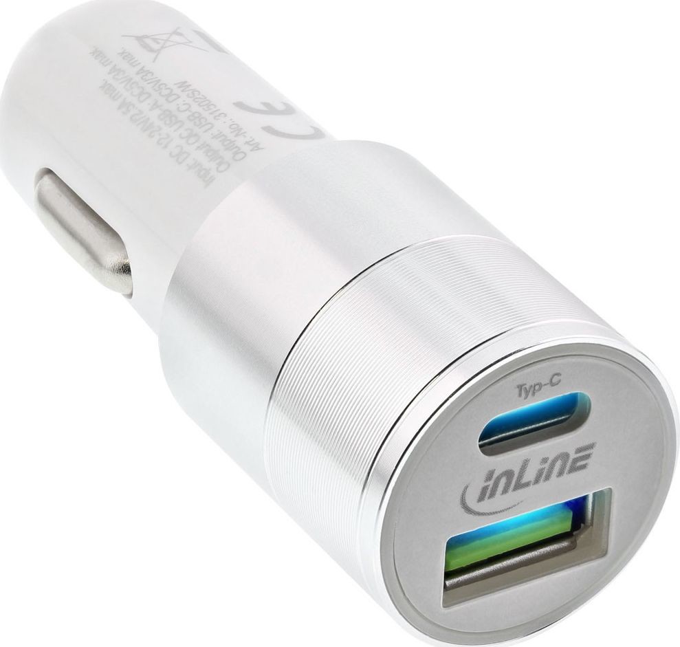 InLine Ładowarka Ładowarka samochodowa USB Ładowarka Quick Charge 3.0 12 24VDC > 5V DC 3A USB-A + USB Typu-C biała 31502W