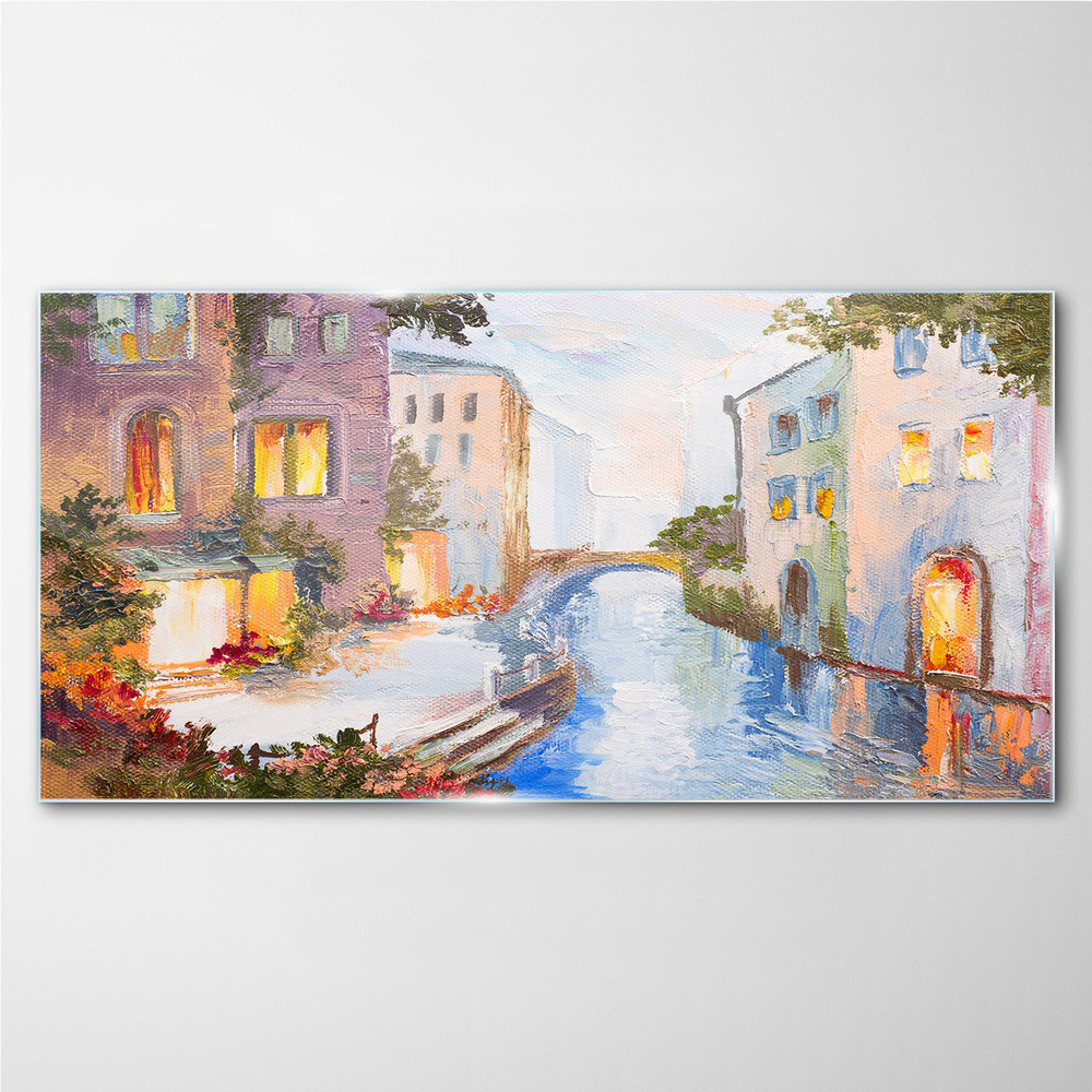 PL Coloray Obraz Szklany Miasto Rzeka Most Kwiaty 120x60cm