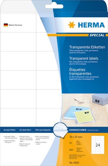 Herma Etiketten transp. matt A4 70x37 mm Folie 600 St. - 4685