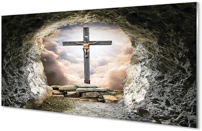 Tulup.pl Szklany Panel Jaskinia krzyż światło Jezus 125x50cm