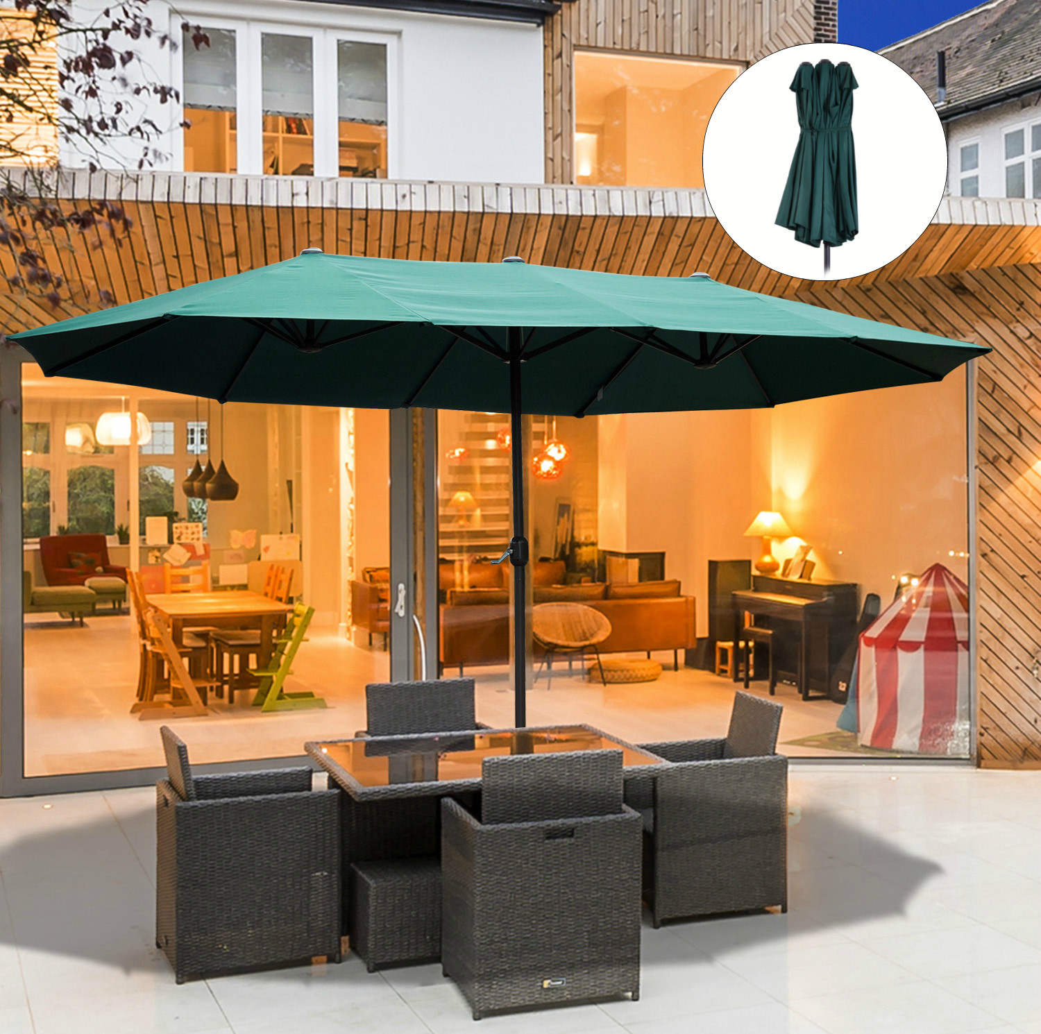 Outsunny PARASOL PRZECIWSŁONECZNY OGRODOWY PODWÓJNY Z KORBKĄ RĘCZNĄ zielony owalny 460 x 270 x 240 cm
