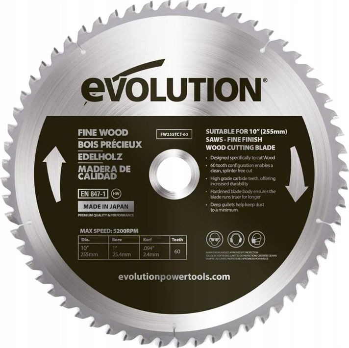 Evolution Piła widiowa do cięcia drewna Fine wood 255mm 60z do pił ukośnych EVO-FW255TCT-60