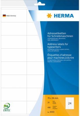 Herma Adressetik. 70x36 mm Papier Ecken spitz 480 St. - 4443