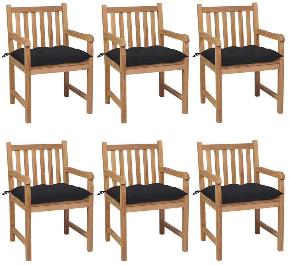 vidaXL Lumarko Krzesła ogrodowe z czarnymi poduszkami, 6 szt., drewno tekowe! 3073053