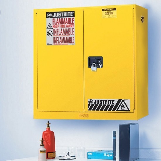 Justrite Safety Group Szafa Na Substancje Chemiczne  (76 L) - Wisząca, 2-Drzwiowa Żółty Do 100 L. Manualne 109Cm X 112Cm X 31Cm