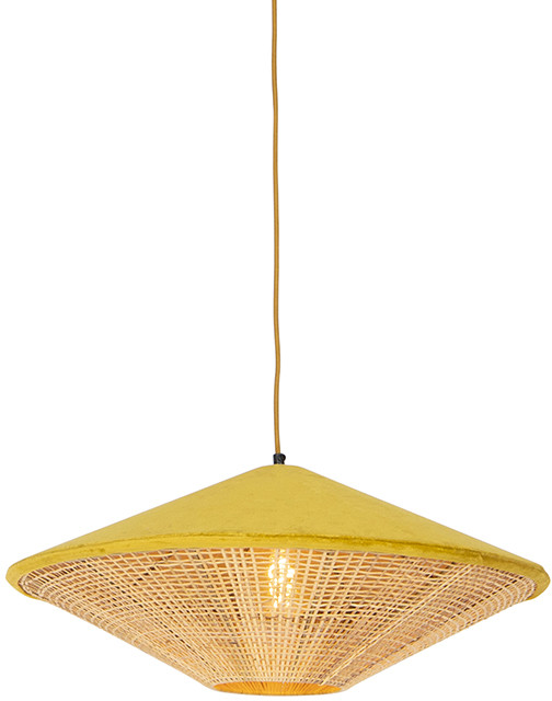 QAZQA Retro lampa wisząca welur żółta wiklina 60cm - Frills Can