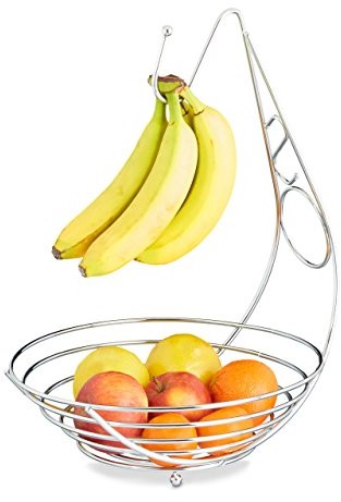 Relaxdays miska na owoce z uchwytem na banan, koszyk na owoce chromowany, banan, stojący, HBT haka: ok. 42 x 29,5 x 32 cm, srebrny 10020446