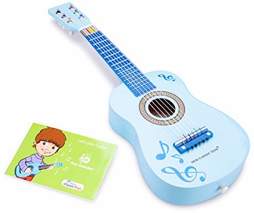 New Classic Toys New Classic Toys NCT-0349 Drewniana zabawka do gitary dla małych dzieci 3 chłopcy i dziewczęta prezenty dla dzieci, instrumenty dla dzieci trzyletnia niezbędna muzyka, niebieska z nutami muzycznymi 10349