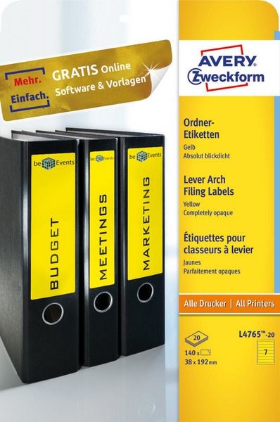 Avery Zweckform ETYK.ZF 4765 38,X192 MM ŻÓŁTA NA SEGREG ETYKIETA NA SEGREGATOR ŻÓŁTA L4765-20