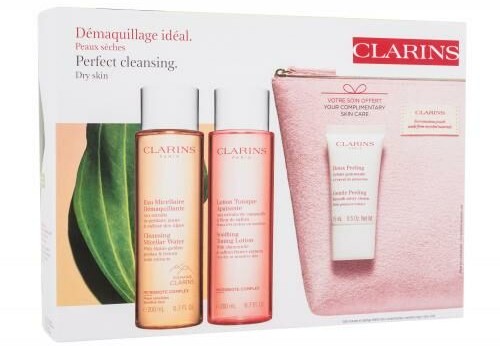 Clarins Perfect Cleansing zestaw Woda micelarna 200 ml + tonik do twarzy 200 ml + peeling do twarzy 15 ml + kosmetyczka dla kobiet