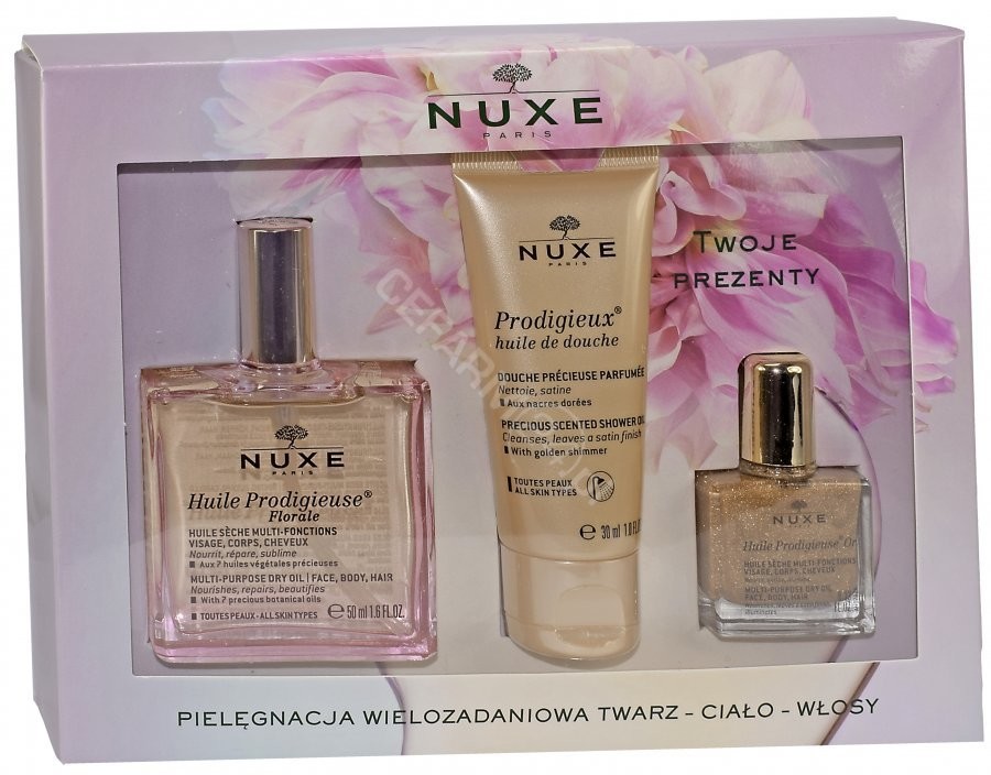 Nuxe prodigieuse FLORALE promocyjny zestaw wielofunkcyjny suchy olejek do twarzy ciała i włosów 50 ml + olejek pod prysznic 30 ml + suchy olejek ze złotymi drobinkami 10 ml GRATIS ! | DARMOWA DOS