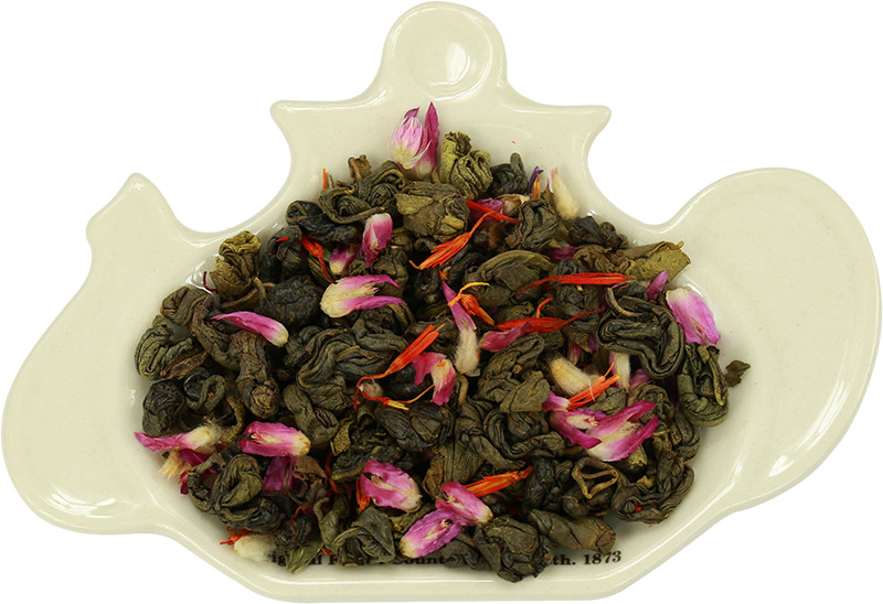 Zielona wysokogórska herbata cejlońska z dodatkiem naturalnych liści mięty, szarłatu i szafranu.