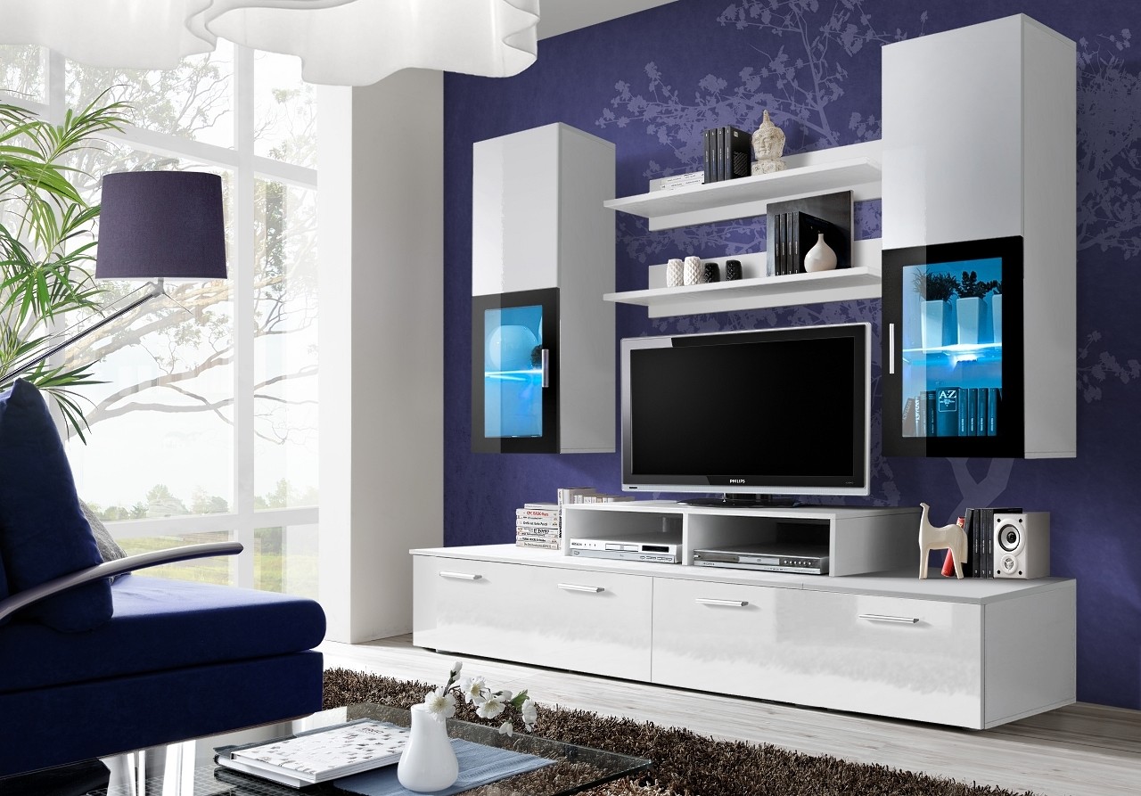 MEBLOŚCIANKA MINI BIAŁY MAT/BIAŁY POŁYSK/CZARNE SZKŁO + LED 23 WS MI