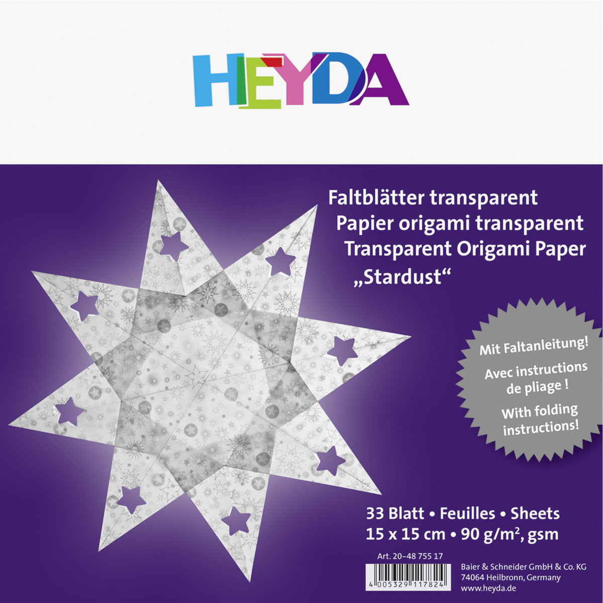 Heyda papier do origami transparentny, Gwiazdy, srebrne, 33 arkusze