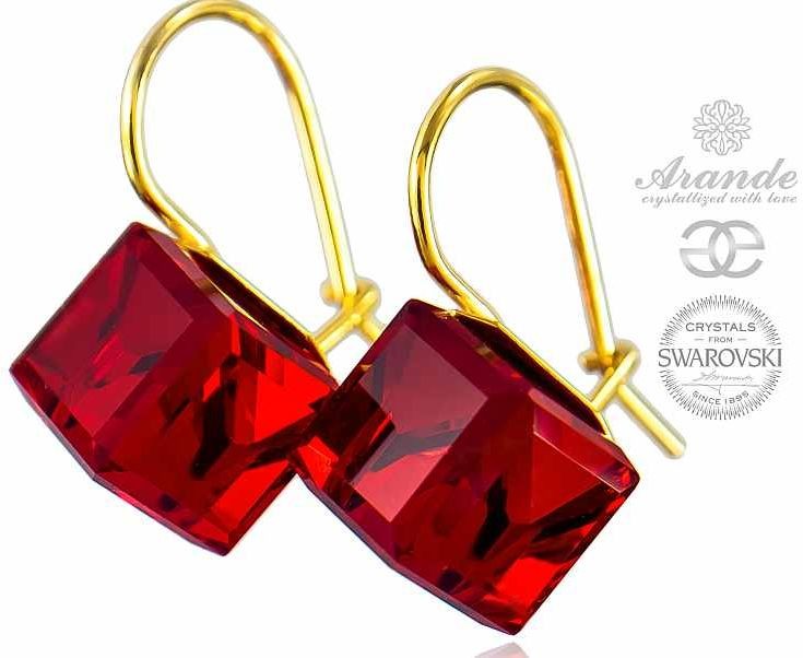 Swarovski PIĘKNE CZERWONE KOLCZYKI CUBE ZŁOTE SREBRO