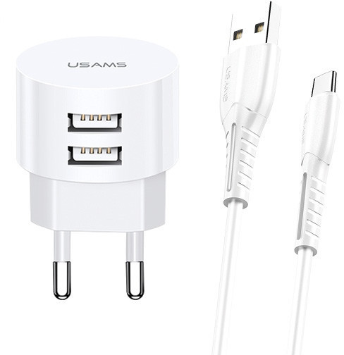 USAMS USAMS Ład. siec. 2xUSB T20 2,1A microUSB biały/white round Fast Charging XTXLOGT18MC05