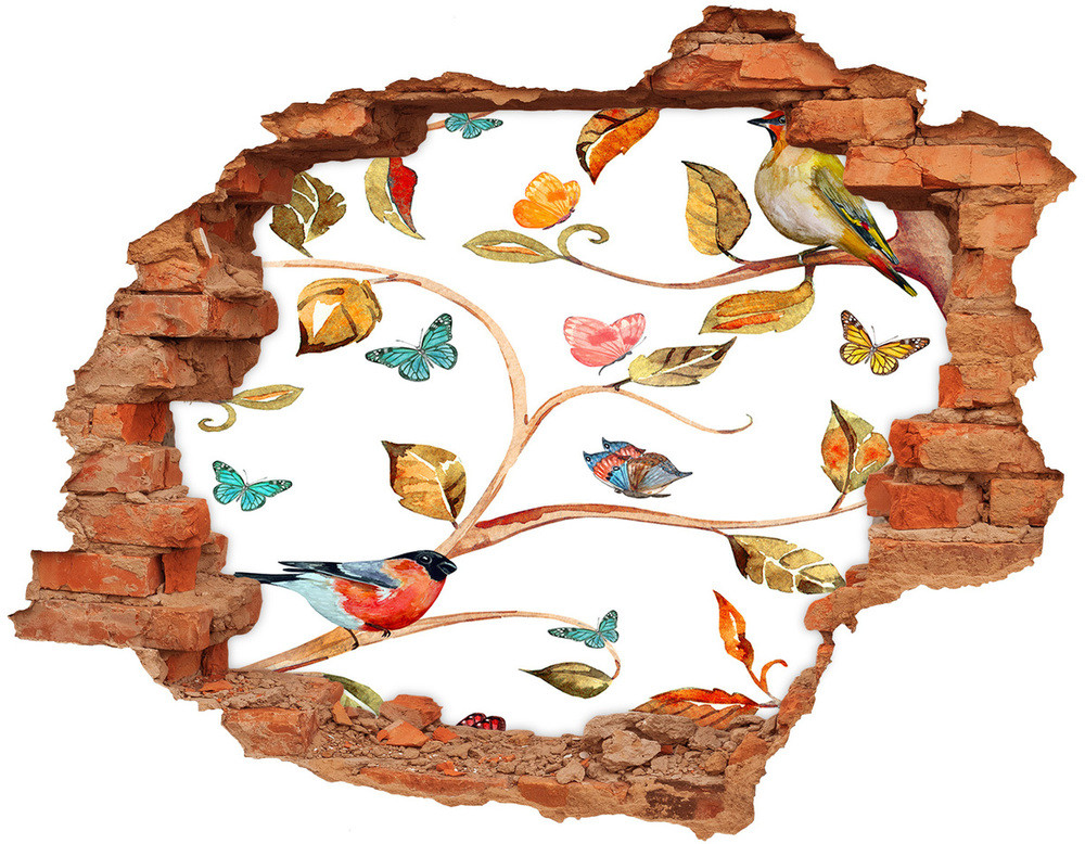 Wallmuralia.pl Dziura 3d fototapeta naklejka Ptaki i motyle
