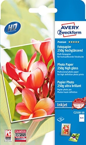 Avery Zweckform C2550  50 Premium Inkjet Photo Paper (10 X 15, pokryte z jednej strony, wysoki połysk, 250 G/M) 50 arkuszy C2550-50