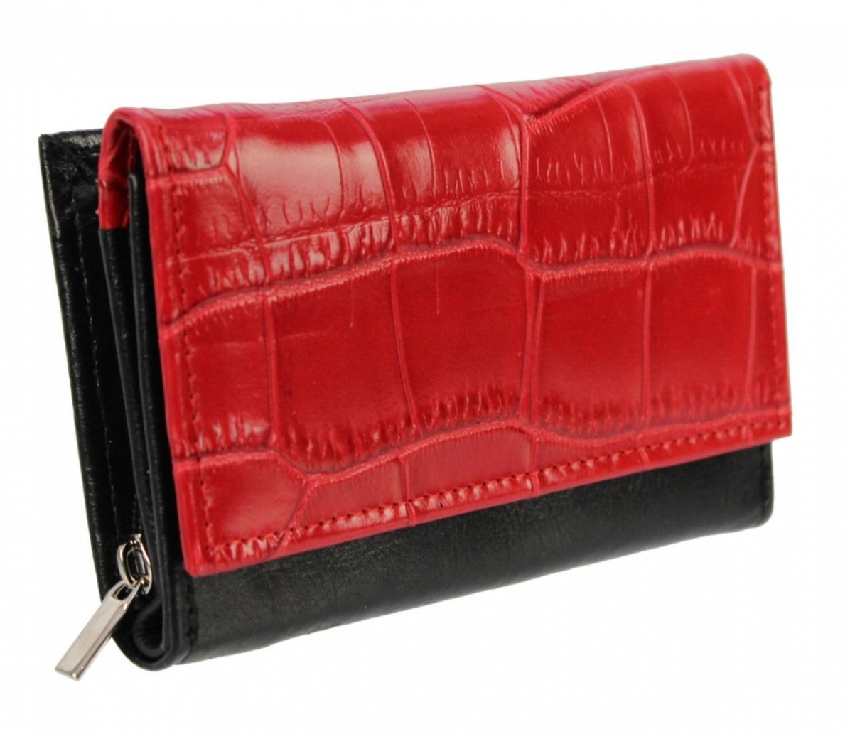 PolskaGalanteria.pl Portfel Damski PolskaGalanteria Z Wstawką Lakier 13 cm Suwak Skóra Naturalna CZERWONY WZÓR II KP D38-WST-LAK