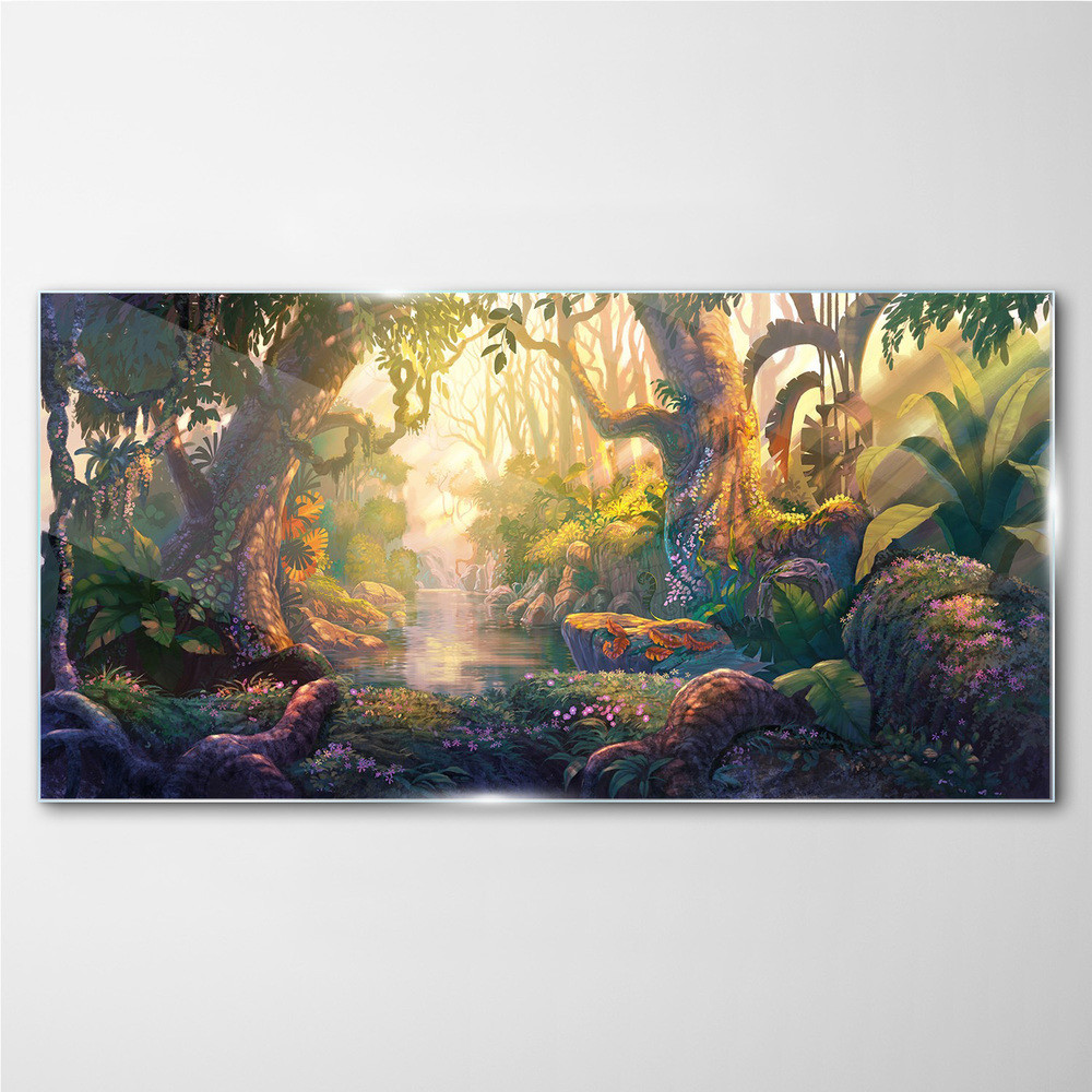 PL Coloray Obraz Szklany fantasy las rzeka kwiaty 120x60cm